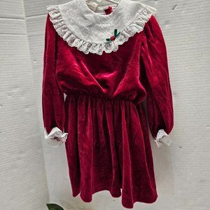 Vintage Girls Velour Dress Harold Wohl Lace Made in USA White Bib Long Sleeve 6